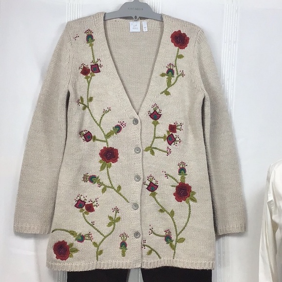 🌲J.JILL Oatmeal Hand Knit Wool Blend V Neck Embroidered Long Length - Picture 8 of 8